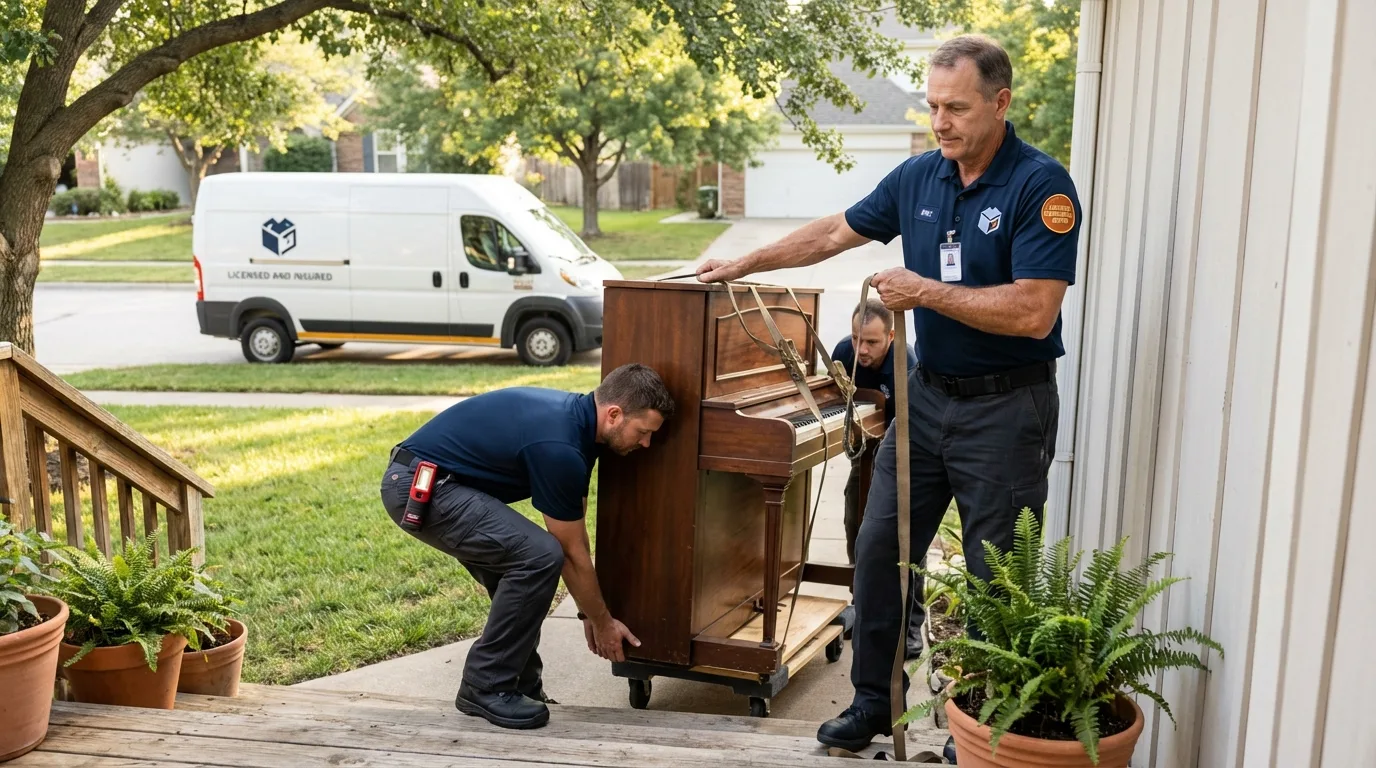 Licensed piano movers securing grand piano in Ware Shoals, SC