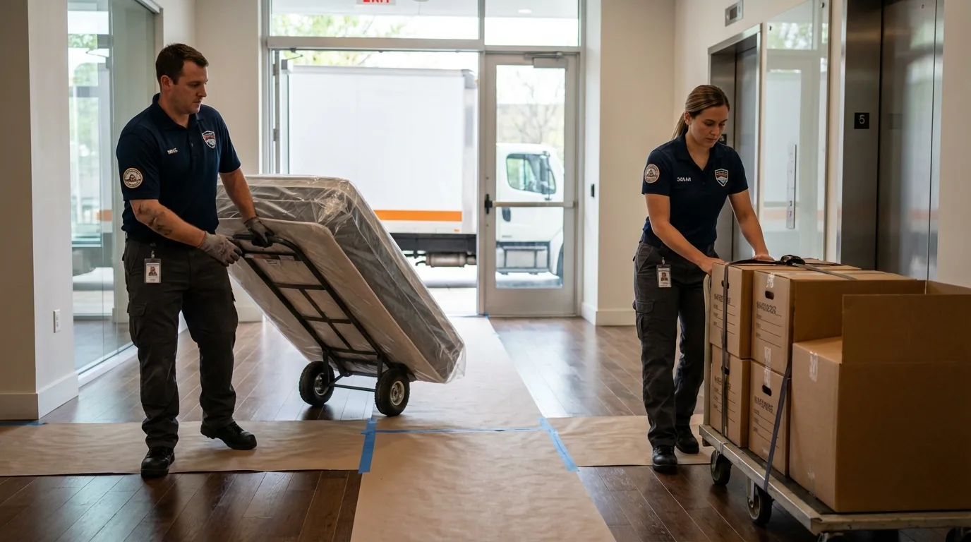 Professional apartment movers loading elevator in Ware Shoals, SC